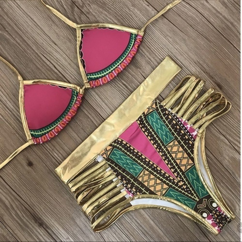 2PC Set GOLD/ Pink High Waist Swim Set